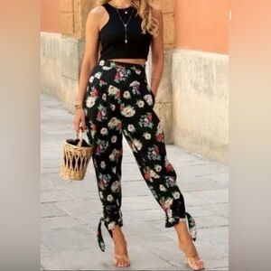 Zara Black Floral baggy Trousers with ankle ties